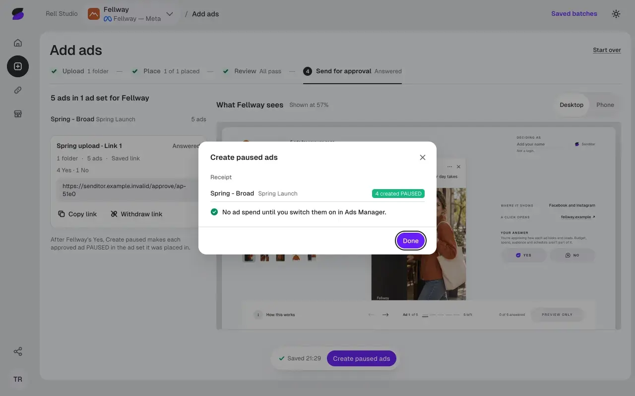 The receipt in the dashboard: four ads created PAUSED, with no ad spend until they are switched on.