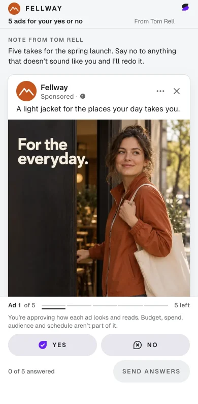 The approval link on a phone: an ad as it runs in the feed, with Yes and No under it.