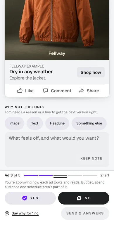 The approval link on a phone: a no, with Image, Text, Headline and Something else to choose from and a note.